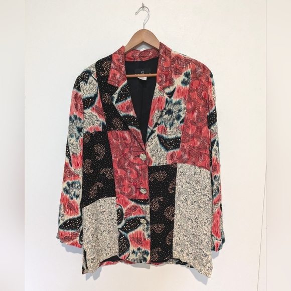 Vintage Carole Little M/L Patchwork Jacket Artsy Floral Art Rayon Boho Bohemian - Picture 1 of 6